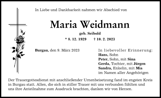Traueranzeige von Maria Weidmann von Günzburger Zeitung