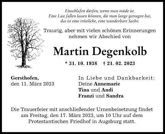 Traueranzeige von Martin Degenkolb von Augsburger Allgemeine