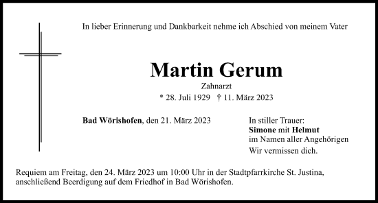 Traueranzeige von Martin Gerum von Mindelheimer Zeitung