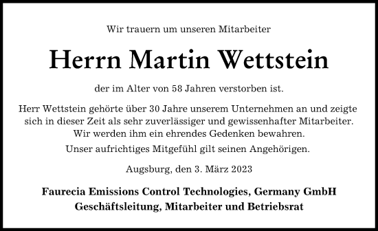 Traueranzeige von Martin Wettstein von Günzburger Zeitung