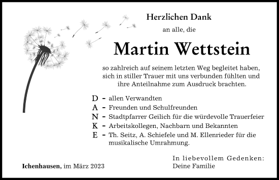 Traueranzeige von Martin Wettstein von Günzburger Zeitung