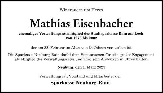 Traueranzeige von Mathias Eisenbacher von Donauwörther Zeitung