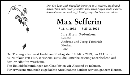 Traueranzeige von Max Sefferin von Augsburger Allgemeine
