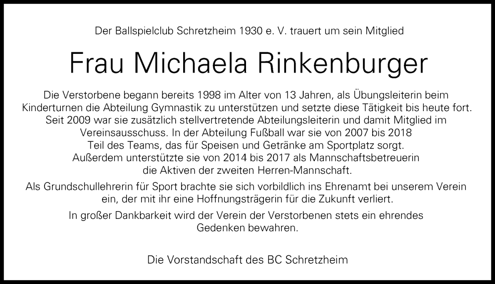  Traueranzeige für Michaela Rinkenburger vom 23.03.2023 aus Donau Zeitung