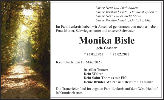 Traueranzeige von Monika Bisle von Mittelschwäbische Nachrichten