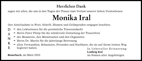 Traueranzeige von Monika Iral von Landsberger Tagblatt