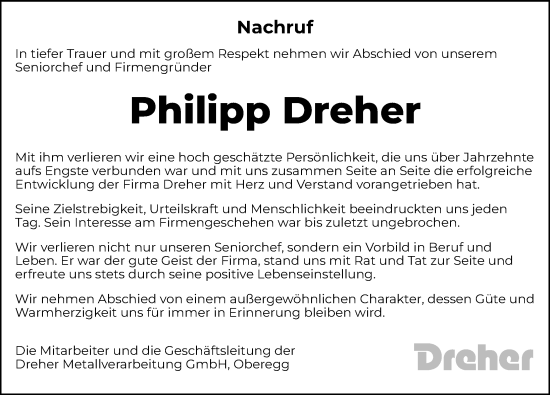 Traueranzeige von Philipp Dreher von Günzburger Zeitung, Mittelschwäbische Nachrichten