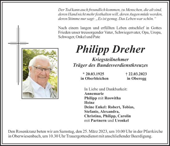 Traueranzeige von Philipp Dreher von Mindelheimer Zeitung, Mittelschwäbische Nachrichten, Günzburger Zeitung