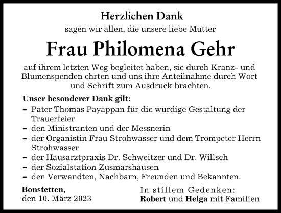 Traueranzeige von Philomena Gehr von Augsburg-Land