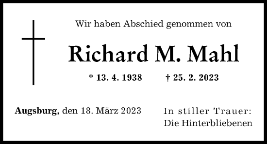 Traueranzeige von Richard M. Mahl von Augsburger Allgemeine