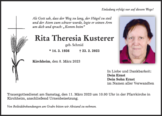 Traueranzeige von Rita Theresia Kusterer von Mindelheimer Zeitung