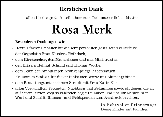 Traueranzeige von Rosa Merk von Augsburger Allgemeine, Illertisser Zeitung