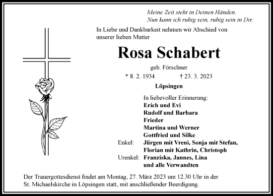 Traueranzeige von Rosa Schabert von Rieser Nachrichten