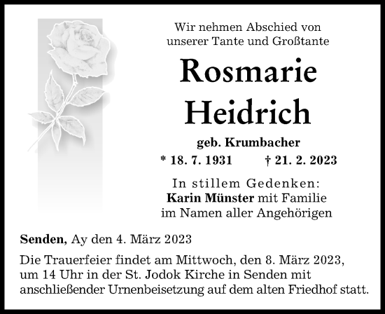 Traueranzeige von Rosmarie Heidrich von Neu-Ulmer Zeitung
