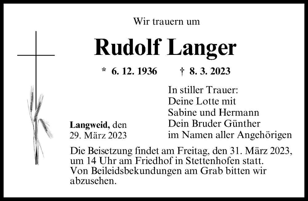  Traueranzeige für Rudolf Langer vom 29.03.2023 aus Augsburger Allgemeine