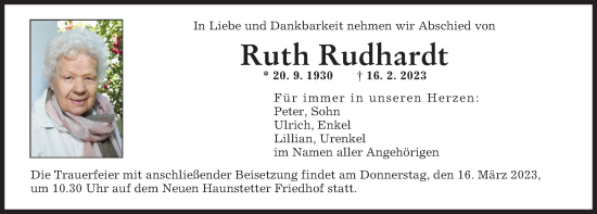 Traueranzeige von Ruth Rudhardt von Augsburger Allgemeine