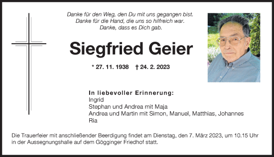 Traueranzeige von Siegfried Geier von Augsburger Allgemeine