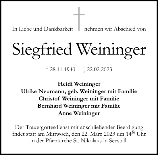 Traueranzeige von Siegfried Weininger von Landsberger Tagblatt