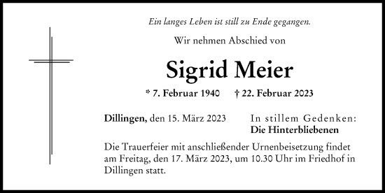 Traueranzeige von Sigrid Meier von Donau Zeitung
