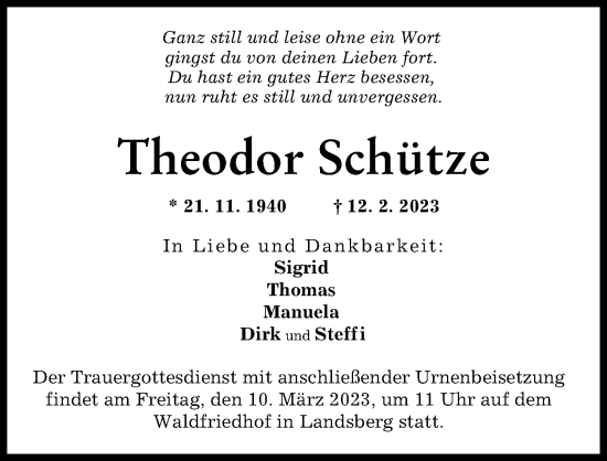 Traueranzeige von Theodor Schütze von Landsberger Tagblatt