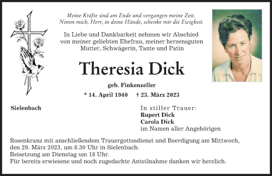 Traueranzeige von Theresia Dick von Aichacher Nachrichten