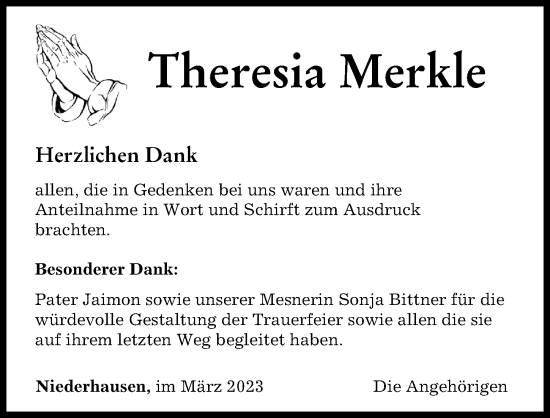 Traueranzeige von Theresia Merkle von Neu-Ulmer Zeitung