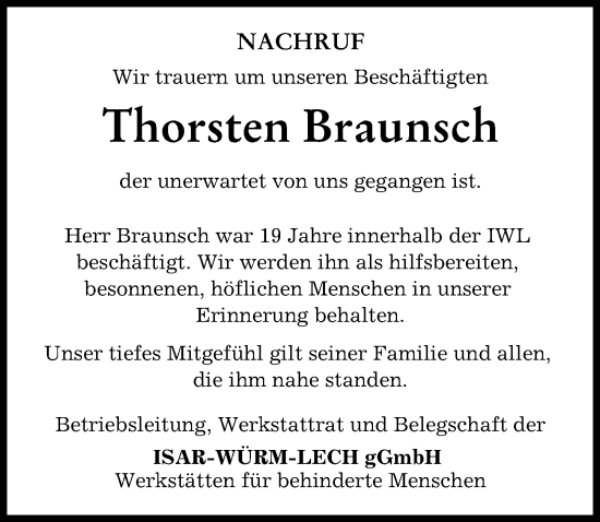 Traueranzeige von Thorsten Braunsch von Landsberger Tagblatt