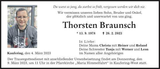 Traueranzeige von Thorsten Braunsch von Landsberger Tagblatt