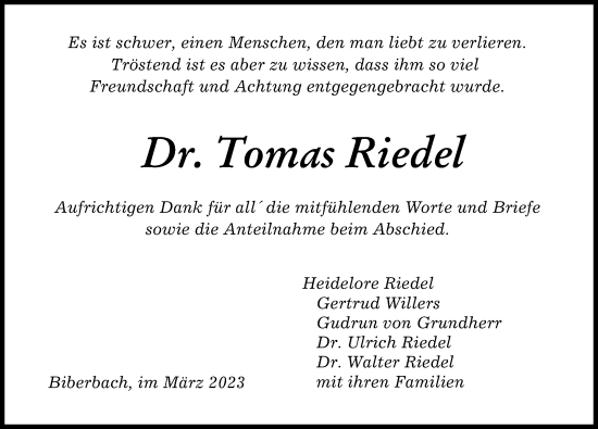 Traueranzeige von Tomas Riedel von Augsburger Allgemeine