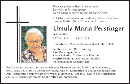 Traueranzeige von Ursula Maria Perstinger von Schwabmünchner Allgemeine