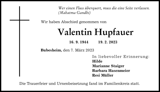 Traueranzeige von Valentin Hupfauer von Günzburger Zeitung