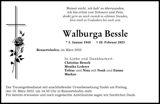 Traueranzeige von Walburga Bessle von Neuburger Rundschau