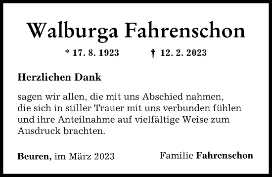 Traueranzeige von Walburga Fahrenschon von Neu-Ulmer Zeitung