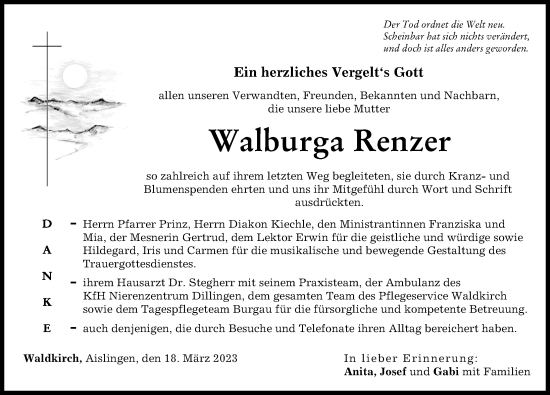 Traueranzeige von Walburga Renzer von Donau Zeitung, Günzburger Zeitung