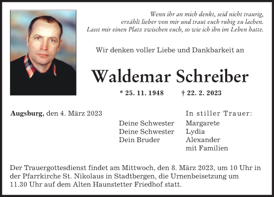 Traueranzeige von Waldemar Schreiber von Augsburger Allgemeine