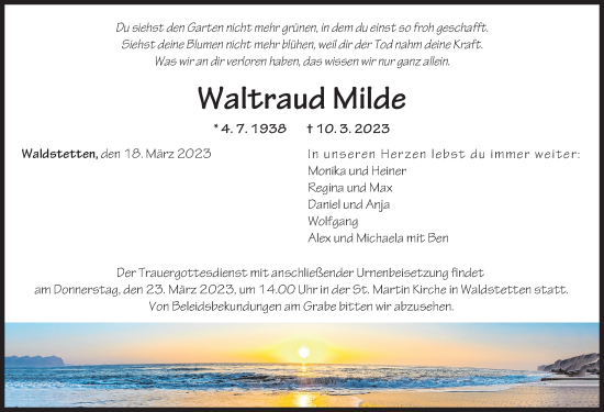 Traueranzeige von Waltraud Milde von Günzburger Zeitung