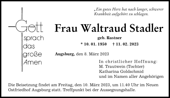Traueranzeige von Waltraud Stadler von Augsburger Allgemeine