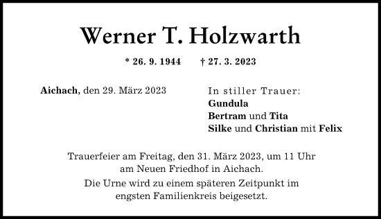 Traueranzeige von Werner Holzwarth von Aichacher Nachrichten