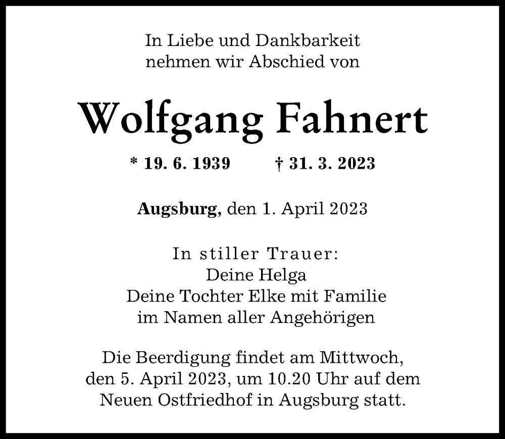 Traueranzeige für Wolfgang Fahnert vom 01.04.2023 aus Augsburger Allgemeine