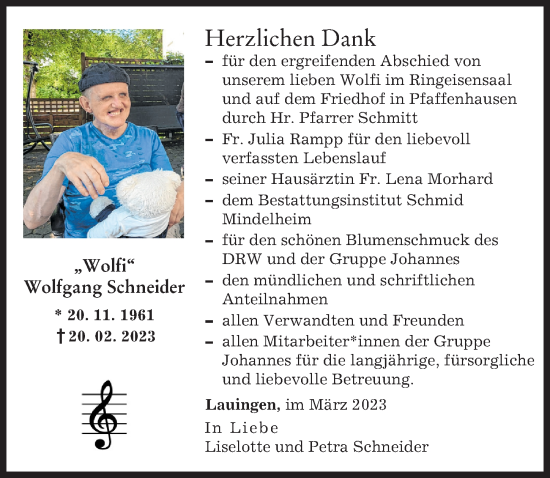 Traueranzeige von Wolfgang Schneider von Mindelheimer Zeitung, Donau Zeitung