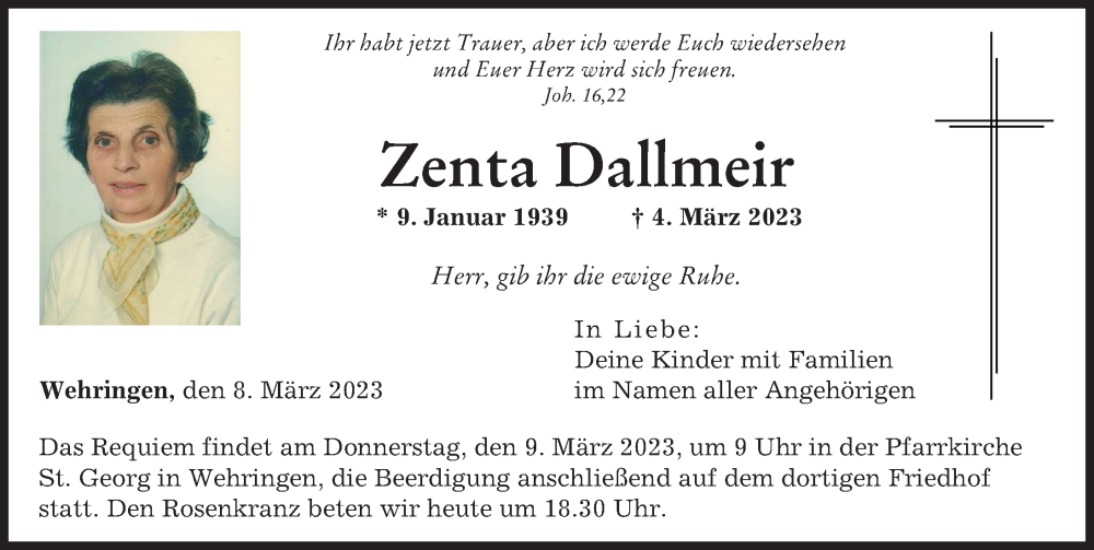  Traueranzeige für Zenta Dallmeir vom 08.03.2023 aus Schwabmünchner Allgemeine