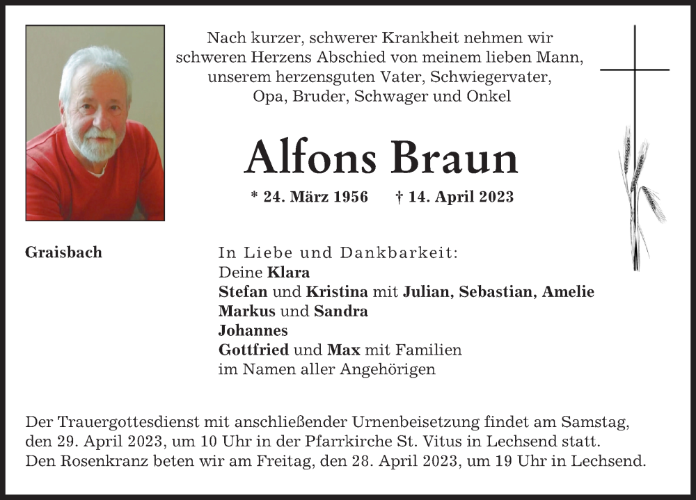  Traueranzeige für Alfons Braun vom 26.04.2023 aus Donauwörther Zeitung