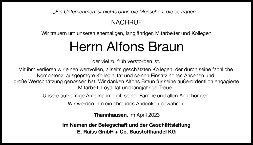  Traueranzeige für Alfons Braun vom 27.04.2023 aus Donauwörther Zeitung