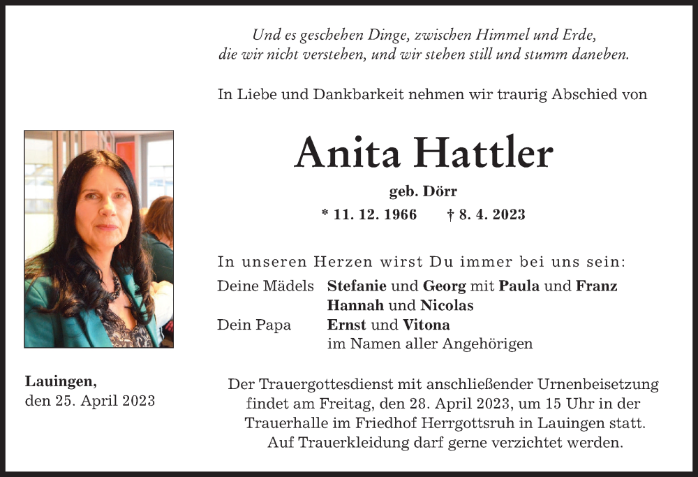  Traueranzeige für Anita Hattler vom 25.04.2023 aus Donau Zeitung