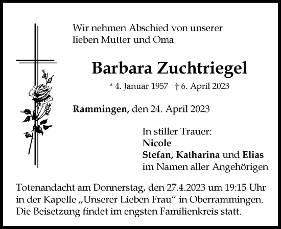 Traueranzeige von Barbara Zuchtriegel von Mindelheimer Zeitung
