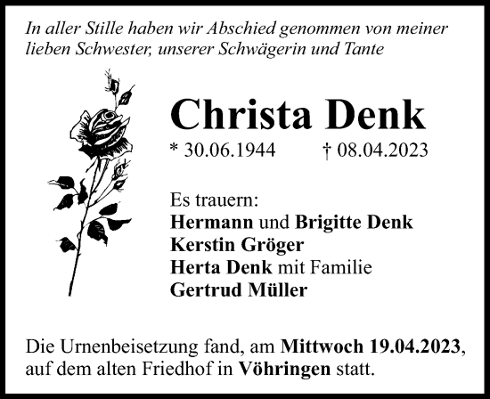 Traueranzeige von Christa Denk von Illertisser Zeitung