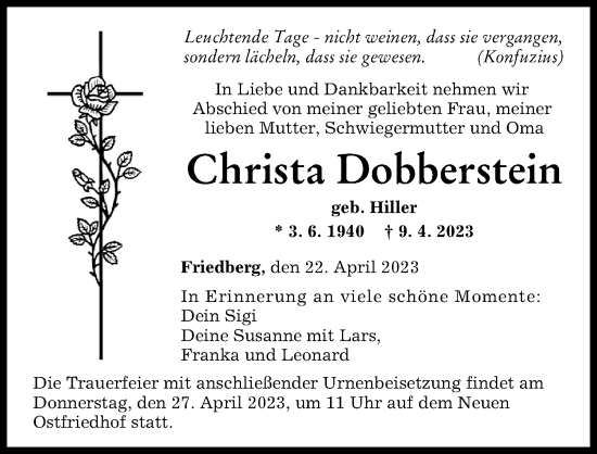 Traueranzeige von Christa Dobberstein von Augsburger Allgemeine