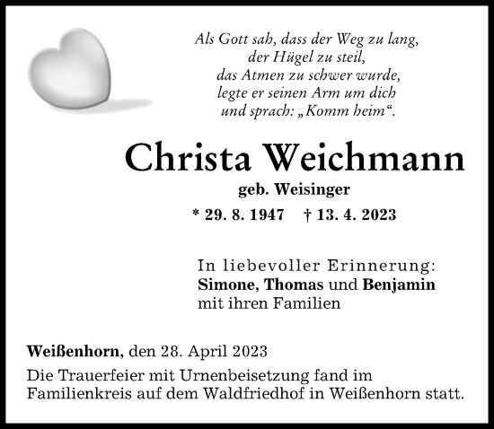 Traueranzeige von Christa Weichmann von Neu-Ulmer Zeitung
