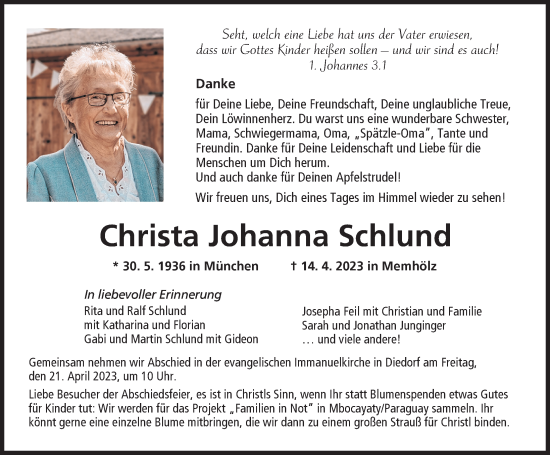 Traueranzeige von Christa Johanna Schlund von Augsburger Allgemeine