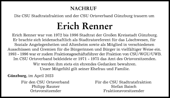 Traueranzeige von Erich Renner von Günzburger Zeitung